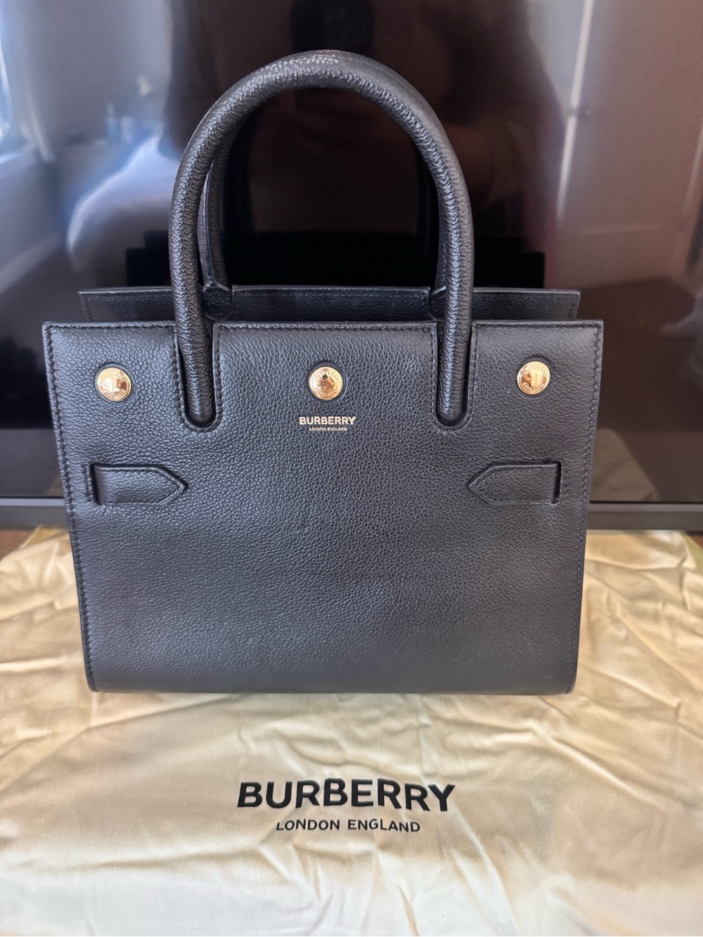 Burberry Black Small Title Logo Two Handle Leather Shoulder Bag
